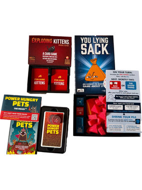 3 Game Bundle Exploding Kittens Card Game, You Lying Sack, Power Hungry Pets